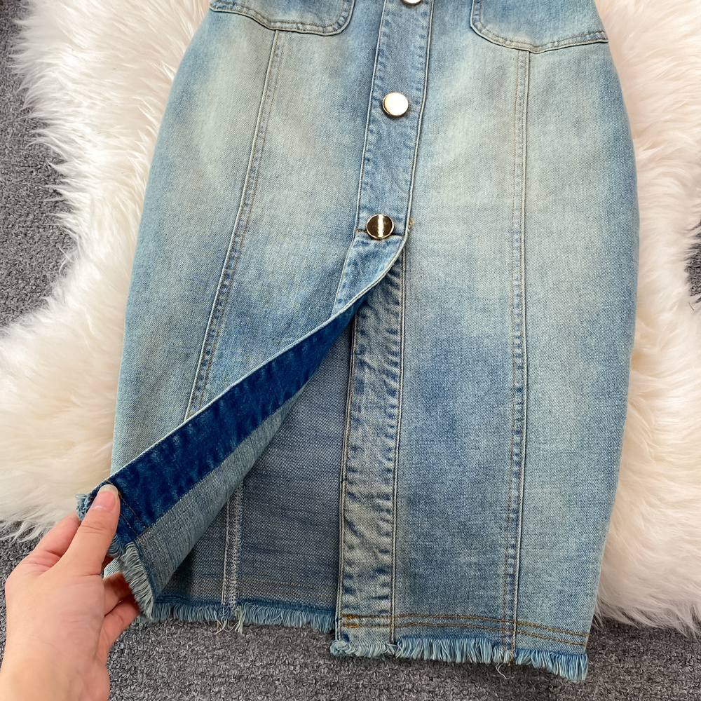 Denim Casual Dresses 2023 Sexy Style New Arrival Ins Strap Waist Mesh Polka Dot Ruffles Stitching Female Bodycon Midi Dresses Female Vestidos