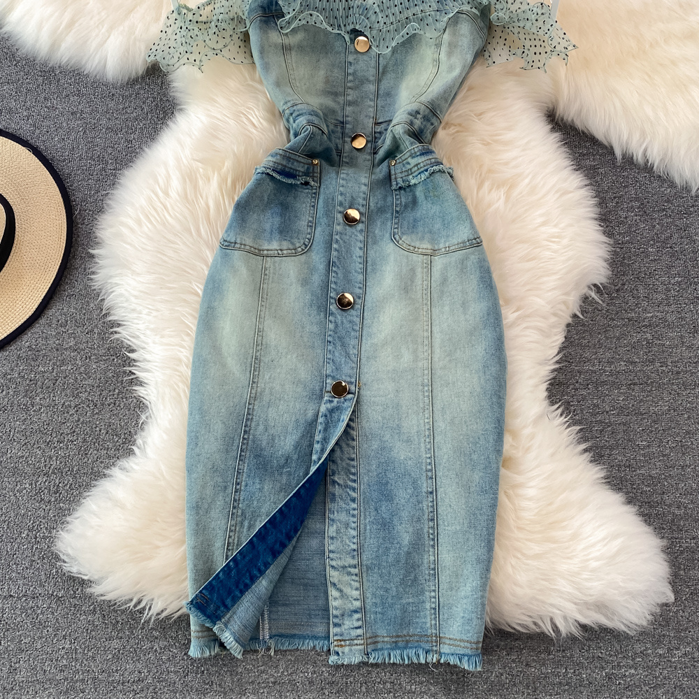 Denim Casual Dresses 2023 Sexy Style New Arrival Ins Strap Waist Mesh Polka Dot Ruffles Stitching Female Bodycon Midi Dresses Female Vestidos