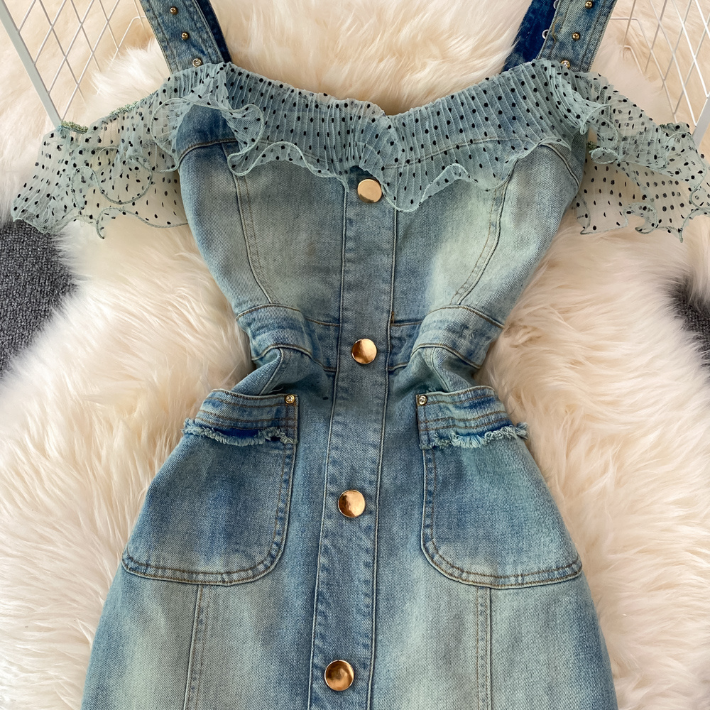 Denim Casual Dresses 2023 Sexy Style New Arrival Ins Strap Waist Mesh Polka Dot Ruffles Stitching Female Bodycon Midi Dresses Female Vestidos