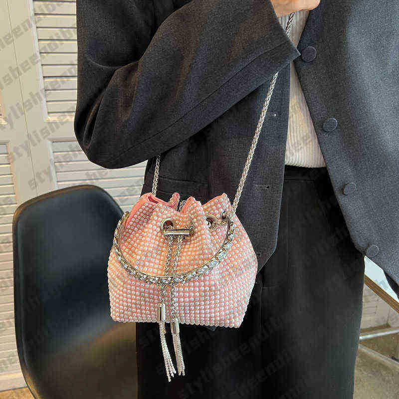 2023 New Women's Fashion Small Handbag Female Drawstring Bucket Bags Shoulder Bag Ladies Bling Diamond Mini Chain Handbag Evening Clutch 0127/23