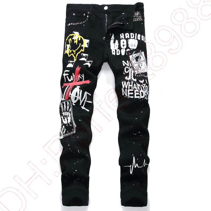 New JEANS chino Pants pant Men's trousers Stretch close-fitting slacks washed straight Skinny Embroidery Patchwork Ripped mens Trend Brand Motorc