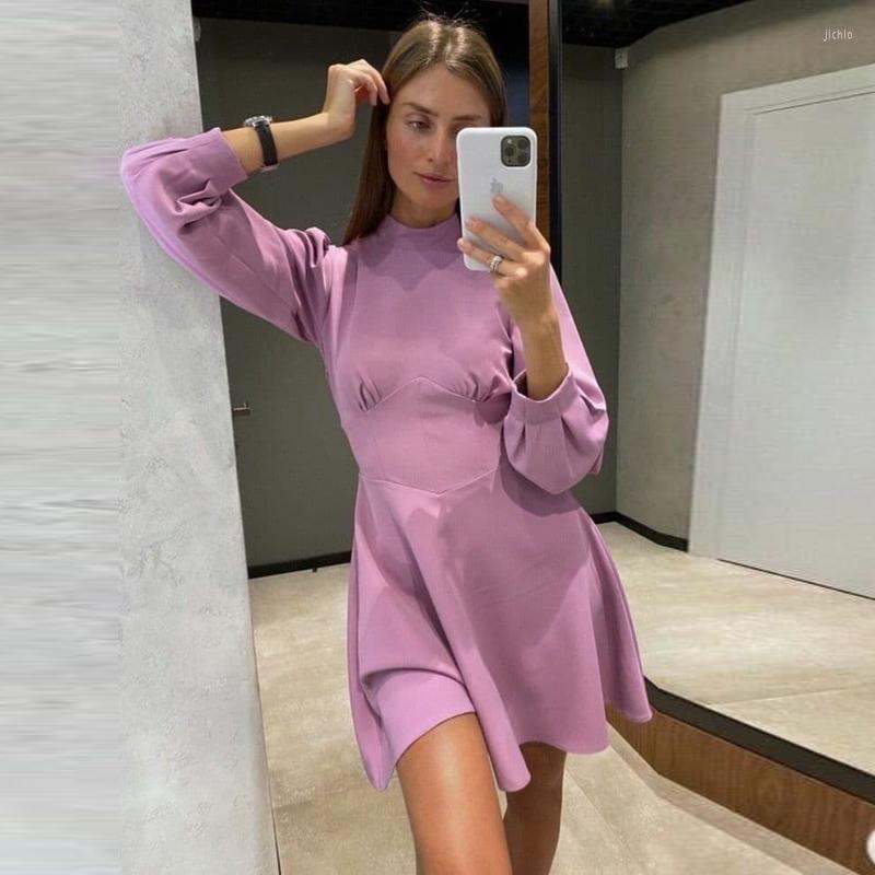 Casual Dresses Women All-Match Simple Mini Dress Solid Lantern Sleeve Turtleneck Chest Fold Drawn Back 2023 Spring