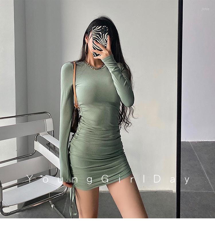 Casual Dresses WOMENGAGA Fashion Sexy Side Drawstring Tight Package Hip Mini Dress Women Solid Color Long Sleeve Crew Neck AQZ2