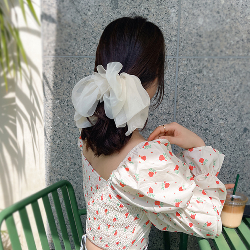 Korea Sweet Mesh Tulle Big Ribbon Bow Hair Claw Clips for Girls White Black Bowknot Hair Clamp Hairpin Headdress Accessories Shark Clip 1480