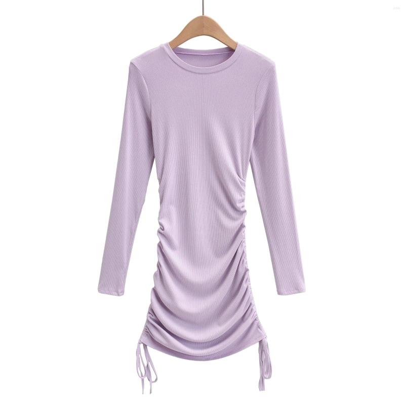 Casual Dresses WOMENGAGA Fashion Sexy Side Drawstring Tight Package Hip Mini Dress Women Solid Color Long Sleeve Crew Neck AQZ2