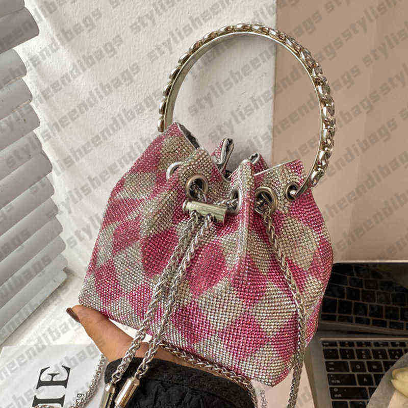 2023 New Women's Fashion Small Handbag Female Drawstring Bucket Bags Shoulder Bag Ladies Bling Diamond Mini Chain Handbag Evening Clutch 0127/23