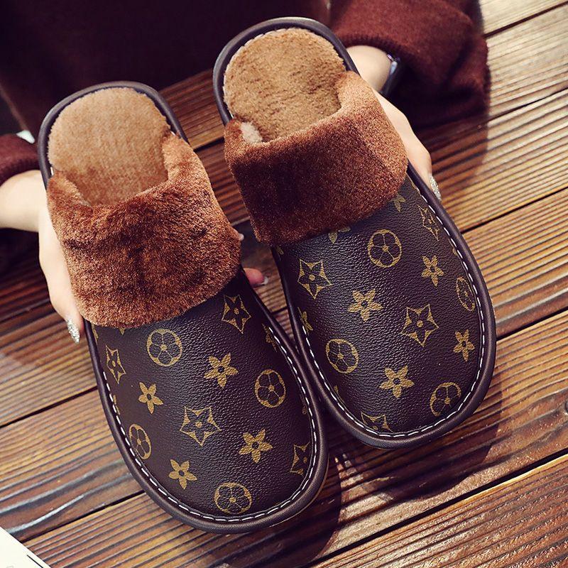 2023 hot Winter Home Plush Leather Slippers Lovers Quality Personality Fashion Warm Couples Indoor Cotton Shoes Large Size 35-44