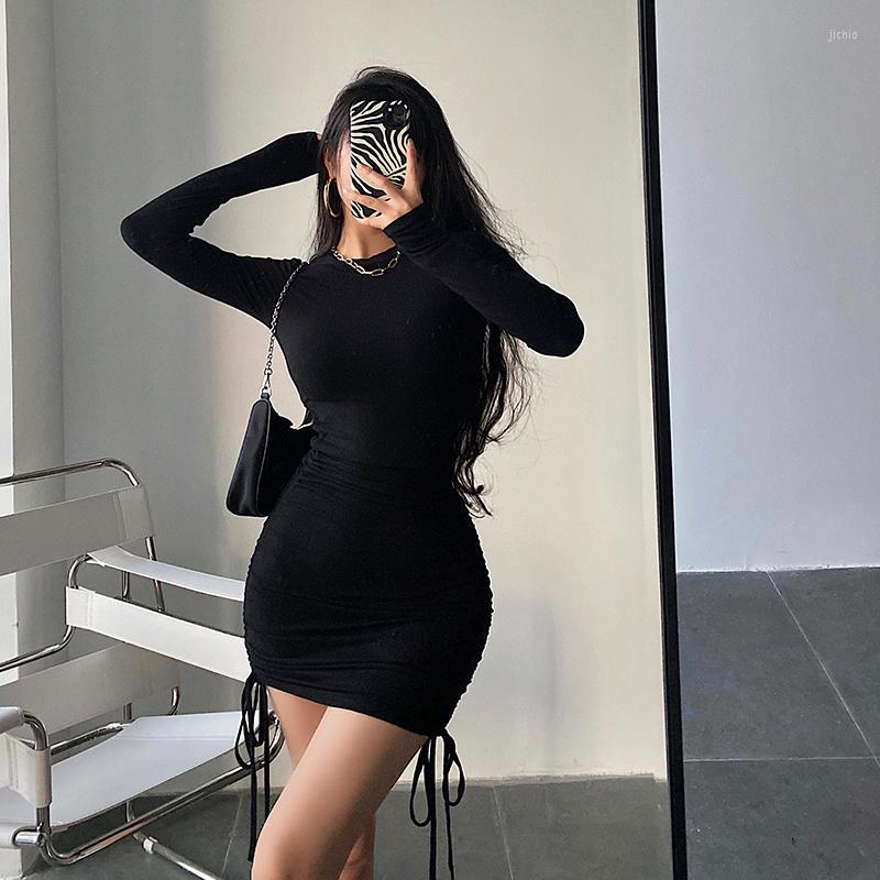 Casual Dresses WOMENGAGA Fashion Sexy Side Drawstring Tight Package Hip Mini Dress Women Solid Color Long Sleeve Crew Neck AQZ2