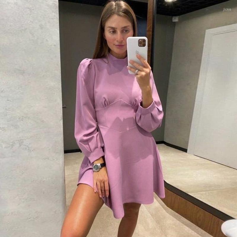 Casual Dresses Women All-Match Simple Mini Dress Solid Lantern Sleeve Turtleneck Chest Fold Drawn Back 2023 Spring