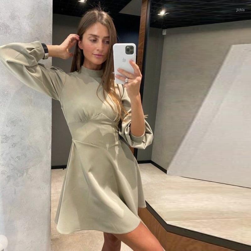 Casual Dresses Women All-Match Simple Mini Dress Solid Lantern Sleeve Turtleneck Chest Fold Drawn Back 2023 Spring