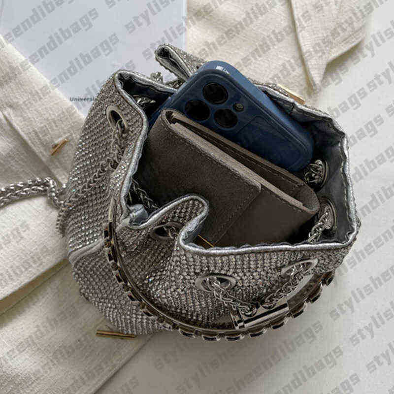 2023 New Women's Fashion Small Handbag Female Drawstring Bucket Bags Shoulder Bag Ladies Bling Diamond Mini Chain Handbag Evening Clutch 0127/23