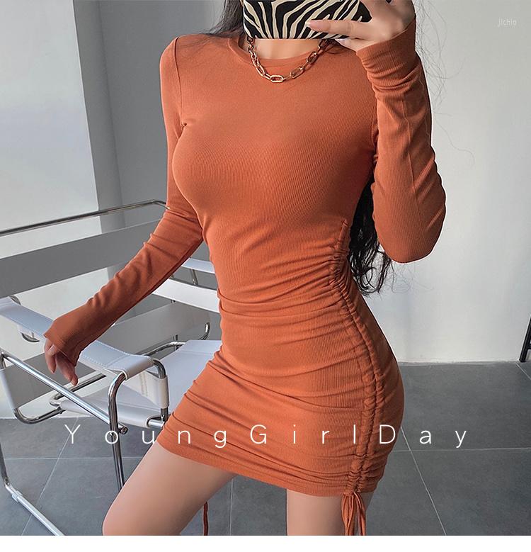 Casual Dresses WOMENGAGA Fashion Sexy Side Drawstring Tight Package Hip Mini Dress Women Solid Color Long Sleeve Crew Neck AQZ2