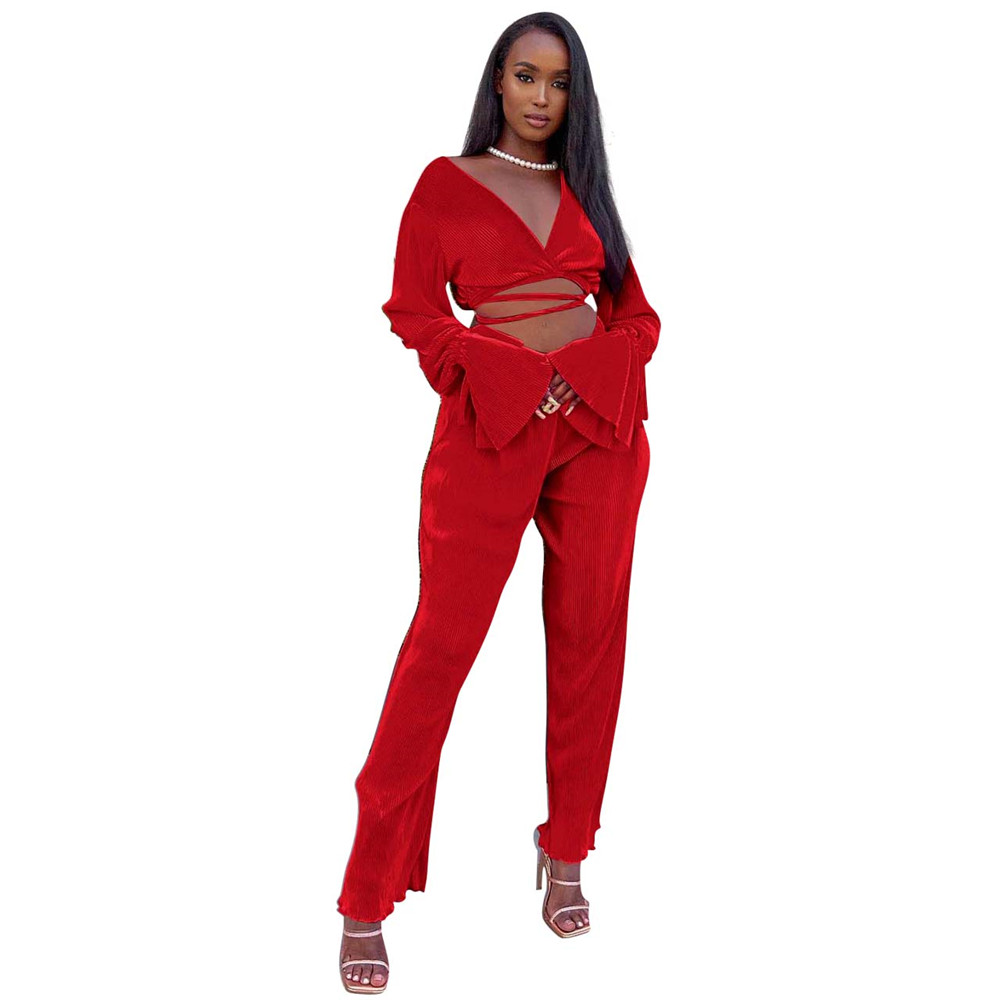 2023 NEW Spring Clothes for Women Tracksuits Two 2 Piece Sets Long Sleeve Vintage Bandage Flared Sleeve Top and Wide Leg Pants Sportswear Solid Outfit