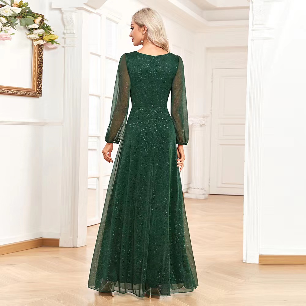 Elegant Green Mother Of The Bride Jewel Neck Long Sleeve Lace Appliques Beaded Sequined Prom Dress Formal Evening Dresses Arabic Dubai Females Robe De