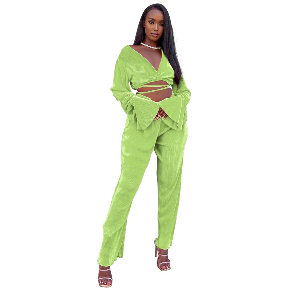2023 NEW Spring Clothes for Women Tracksuits Two 2 Piece Sets Long Sleeve Vintage Bandage Flared Sleeve Top and Wide Leg Pants Sportswear Solid Outfit