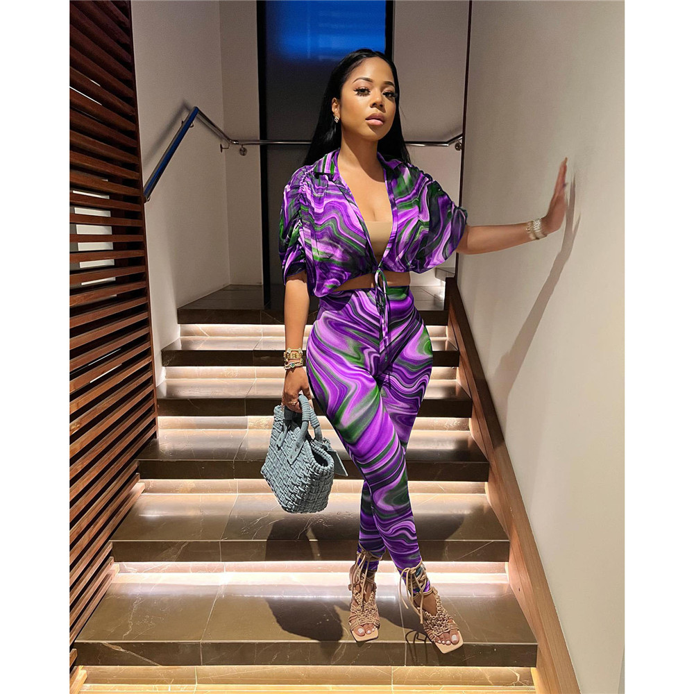 Wholesale Spring Clothes Women Tracksuits Short Sleeve Print Outfits Lace Bandage Shirt Top and Pants Two Piece Sets Casual Matching Sweatsuits 8027