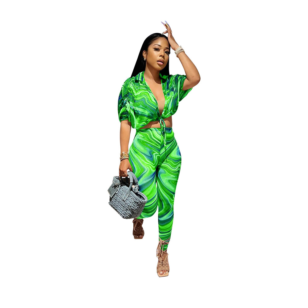 Wholesale Spring Clothes Women Tracksuits Short Sleeve Print Outfits Lace Bandage Shirt Top and Pants Two Piece Sets Casual Matching Sweatsuits 8027