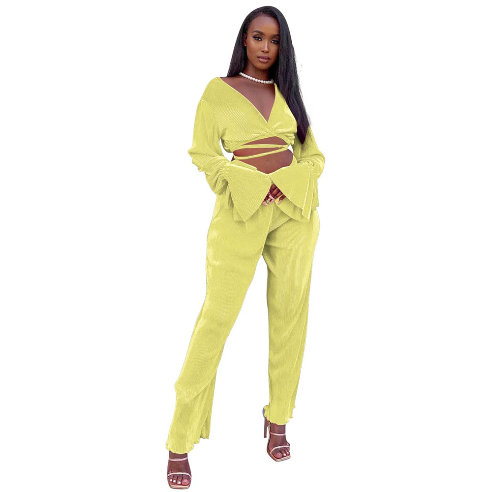 2023 NEW Spring Clothes for Women Tracksuits Two 2 Piece Sets Long Sleeve Vintage Bandage Flared Sleeve Top and Wide Leg Pants Sportswear Solid Outfit