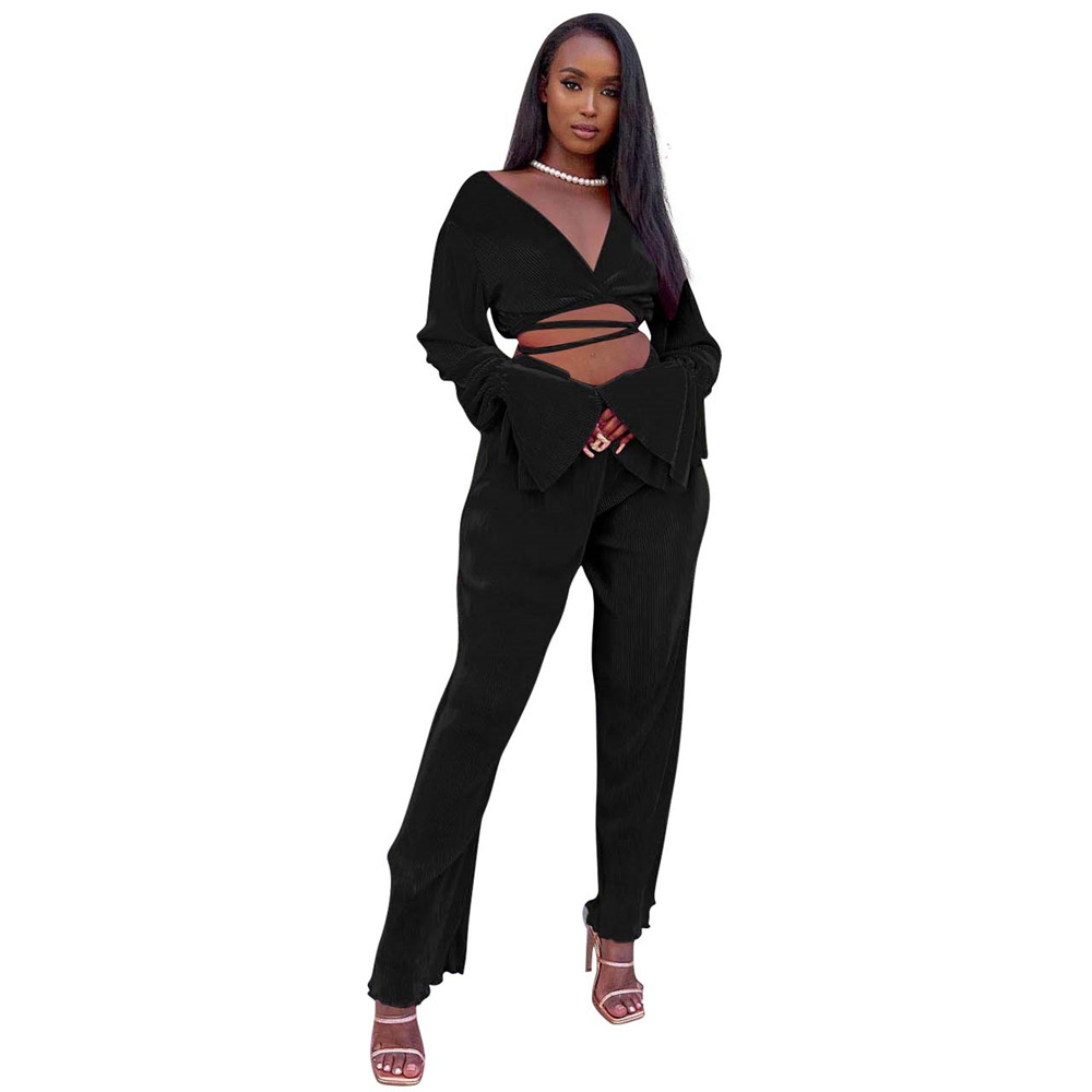 2023 NEW Spring Clothes for Women Tracksuits Two 2 Piece Sets Long Sleeve Vintage Bandage Flared Sleeve Top and Wide Leg Pants Sportswear Solid Outfit