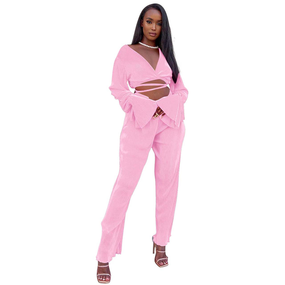 2023 NEW Spring Clothes for Women Tracksuits Two 2 Piece Sets Long Sleeve Vintage Bandage Flared Sleeve Top and Wide Leg Pants Sportswear Solid Outfit