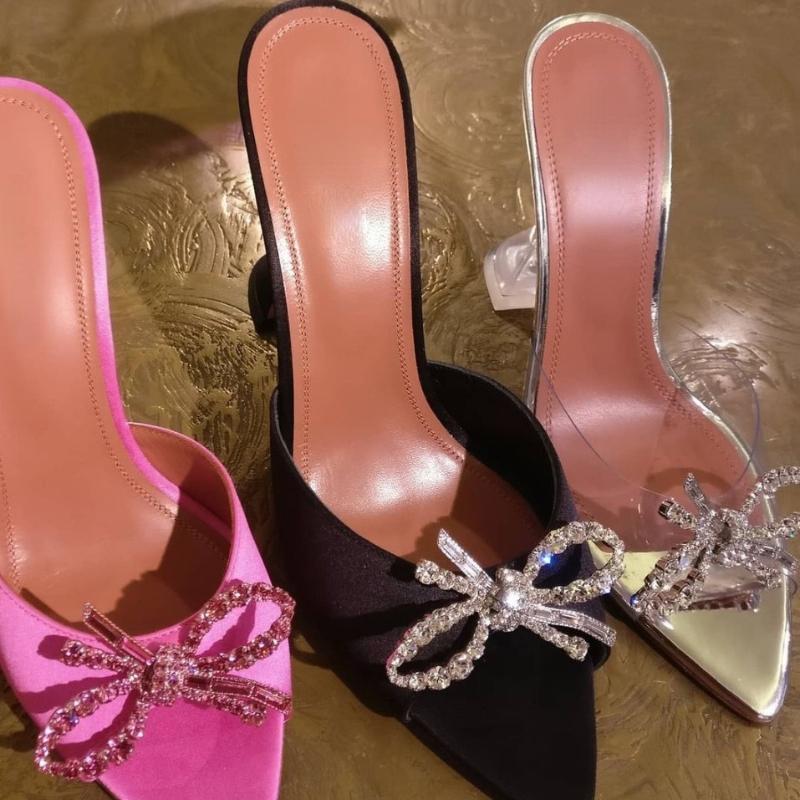 Slippers 2023 Bow Rhinestone Fish Mouth Open Toe High Heels Wine Glass With Mid-heel Women Sandals