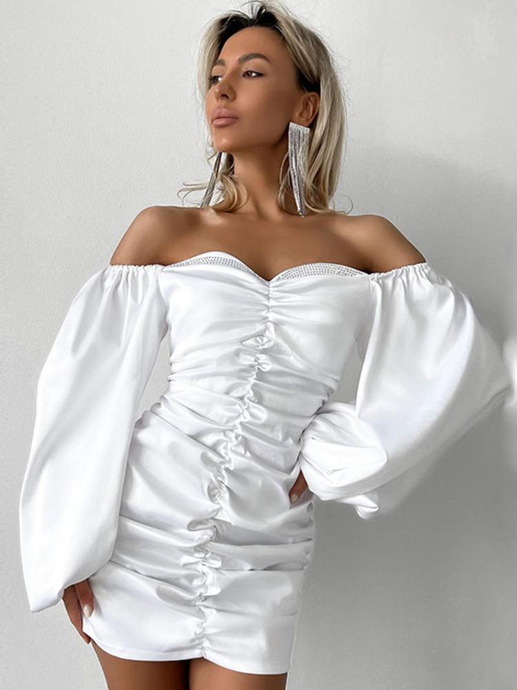 Casual Dresses UKCNSEP Satin Strapless Puff Sleeve Mini Dress For Women 2023 Autumn Off-shoulder Backless Bodycon Ruched Short