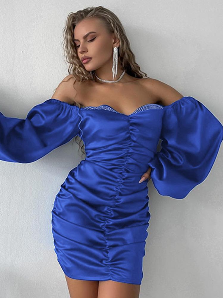 Casual Dresses UKCNSEP Satin Strapless Puff Sleeve Mini Dress For Women 2023 Autumn Off-shoulder Backless Bodycon Ruched Short