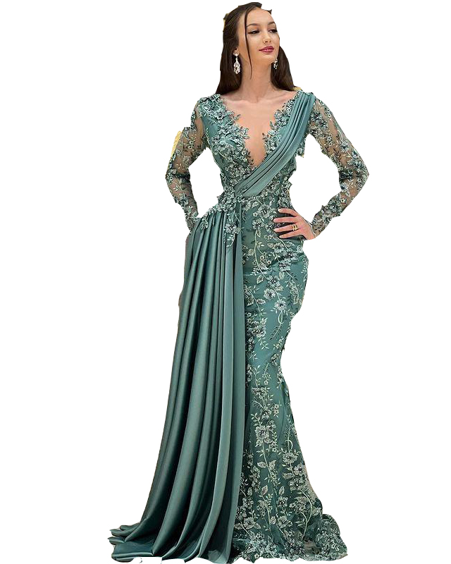 2025 Plus Size Prom Dresses Full 3D Floral Lace Arabic Mermaid Luxurious Sexy V Neck Crystal Beaded Long Sleeves Evening Formal Party Gowns