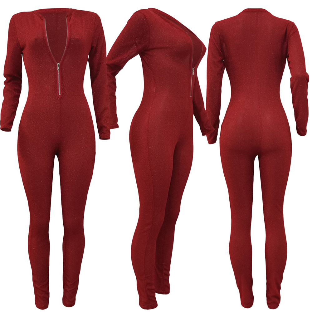 Fall Winter Jumpsuits Women Long Sleeve Bodycon Rompers Solid Zipper Jumpsuits See Through One Piece Outfits Skinny Overalls leggings Casual Streetwea