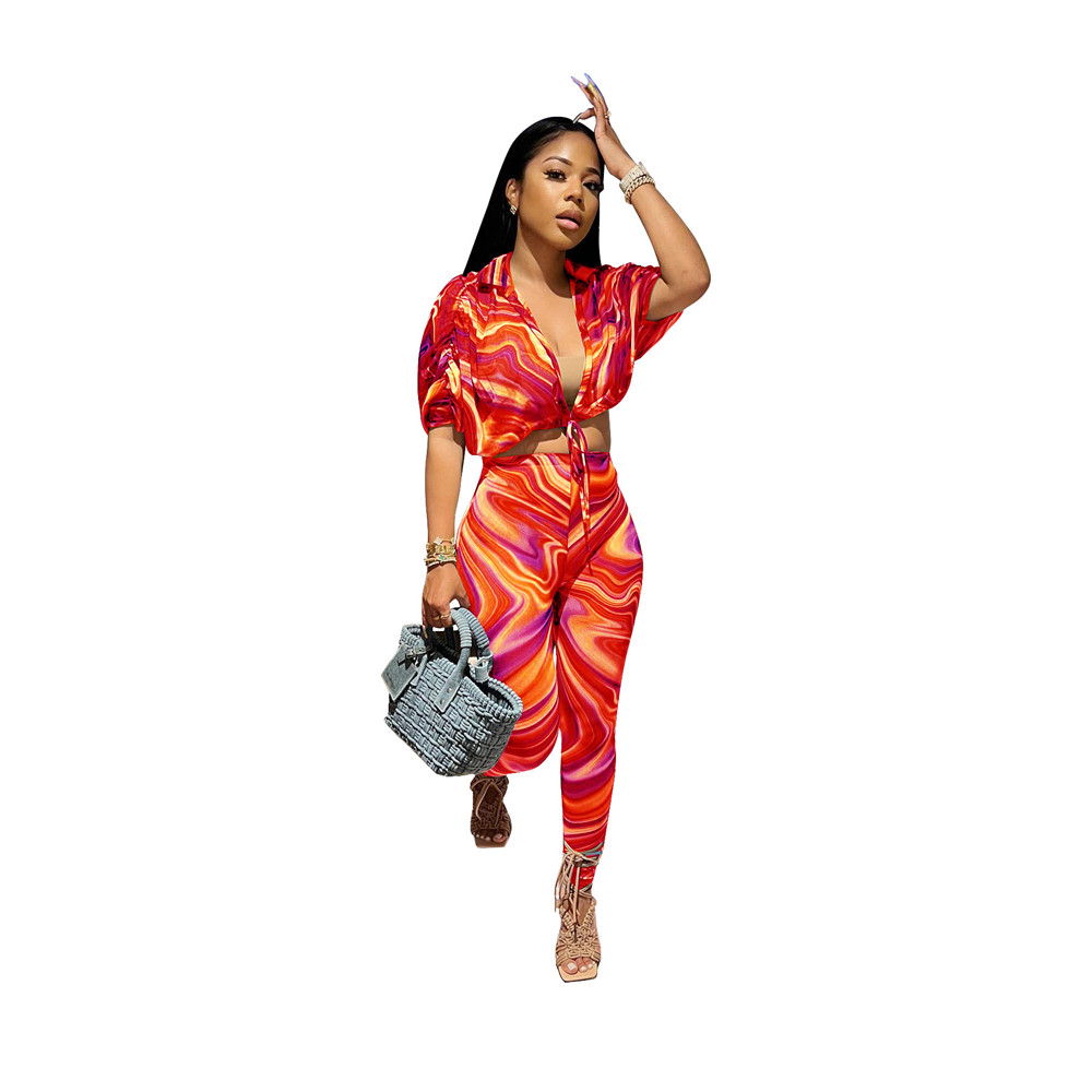 Wholesale Spring Clothes Women Tracksuits Short Sleeve Print Outfits Lace Bandage Shirt Top and Pants Two Piece Sets Casual Matching Sweatsuits 8027