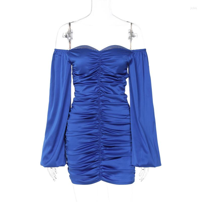 Casual Dresses UKCNSEP Satin Strapless Puff Sleeve Mini Dress For Women 2023 Autumn Off-shoulder Backless Bodycon Ruched Short