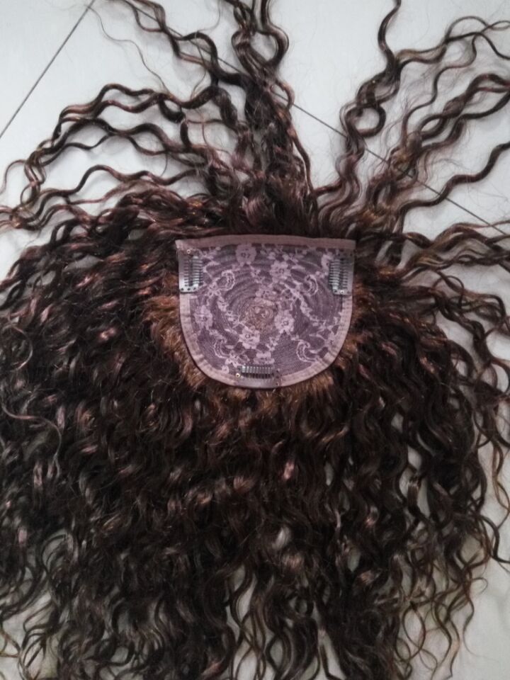 100%Human natural curly hair topper for women with thinning hair weft base cheap easy with clips 4x5" 12-20inch medium brown