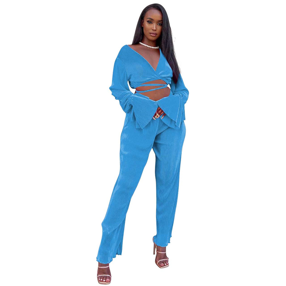 2023 NEW Spring Clothes for Women Tracksuits Two 2 Piece Sets Long Sleeve Vintage Bandage Flared Sleeve Top and Wide Leg Pants Sportswear Solid Outfit
