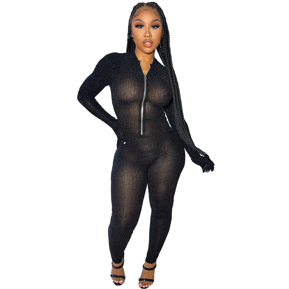 Fall Winter Jumpsuits Women Long Sleeve Bodycon Rompers Solid Zipper Jumpsuits See Through One Piece Outfits Skinny Overalls leggings Casual Streetwea