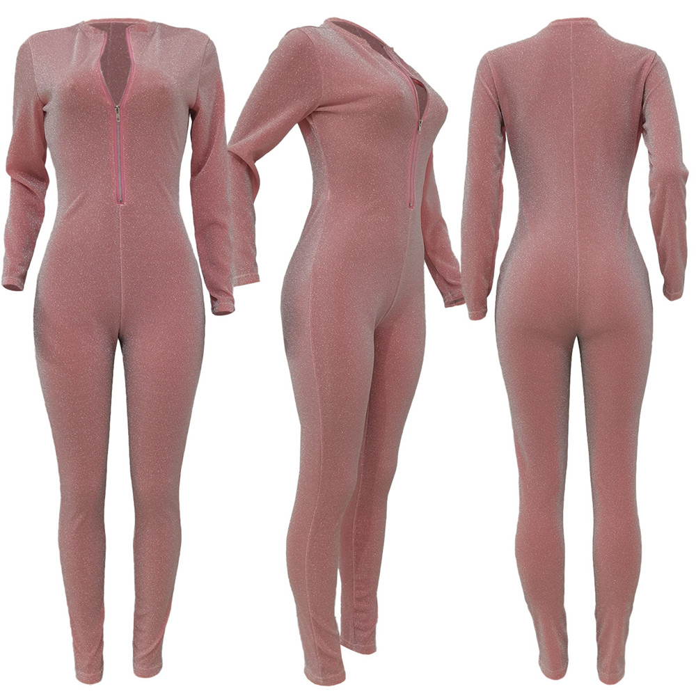 Fall Winter Jumpsuits Women Long Sleeve Bodycon Rompers Solid Zipper Jumpsuits See Through One Piece Outfits Skinny Overalls leggings Casual Streetwea