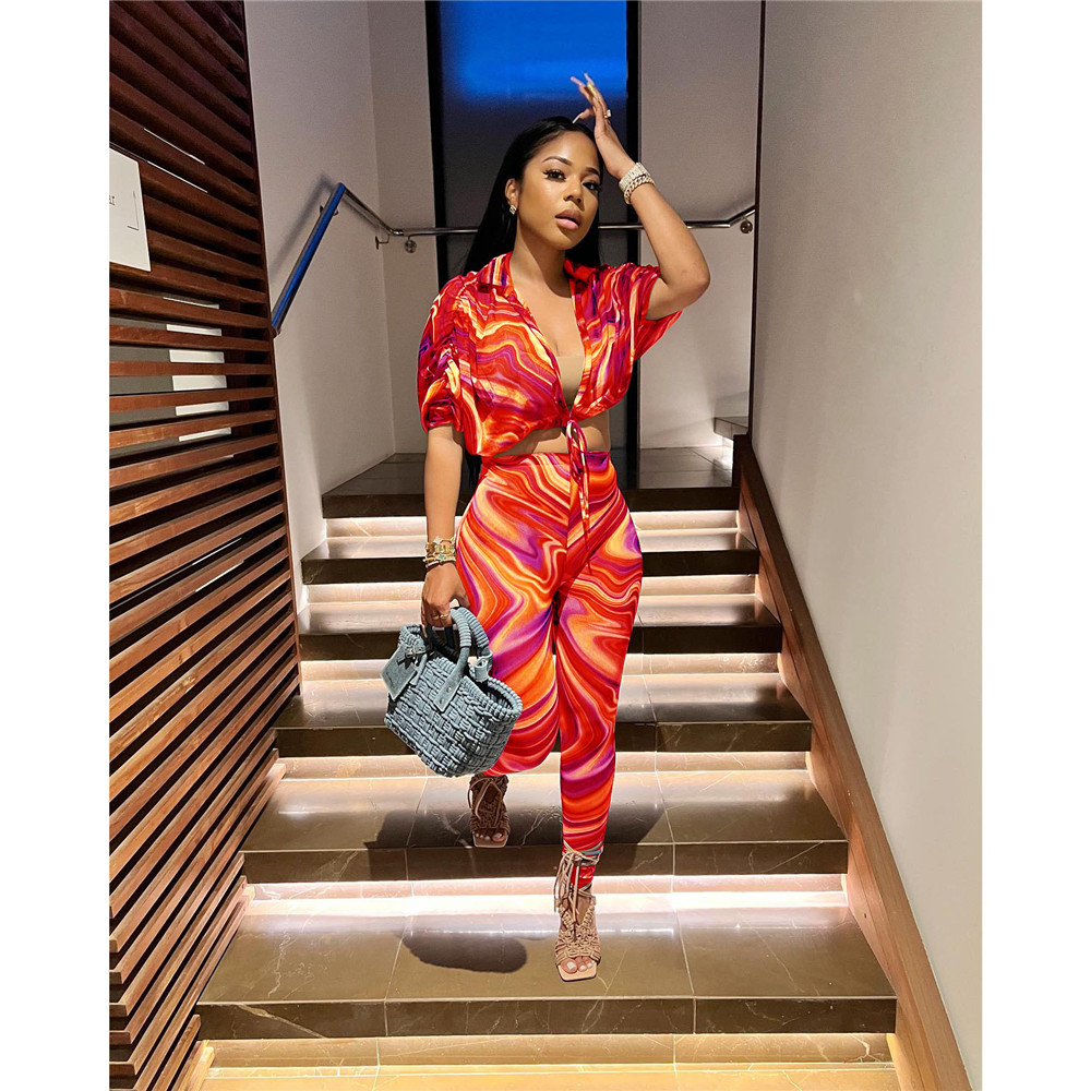 Wholesale Spring Clothes Women Tracksuits Short Sleeve Print Outfits Lace Bandage Shirt Top and Pants Two Piece Sets Casual Matching Sweatsuits 8027