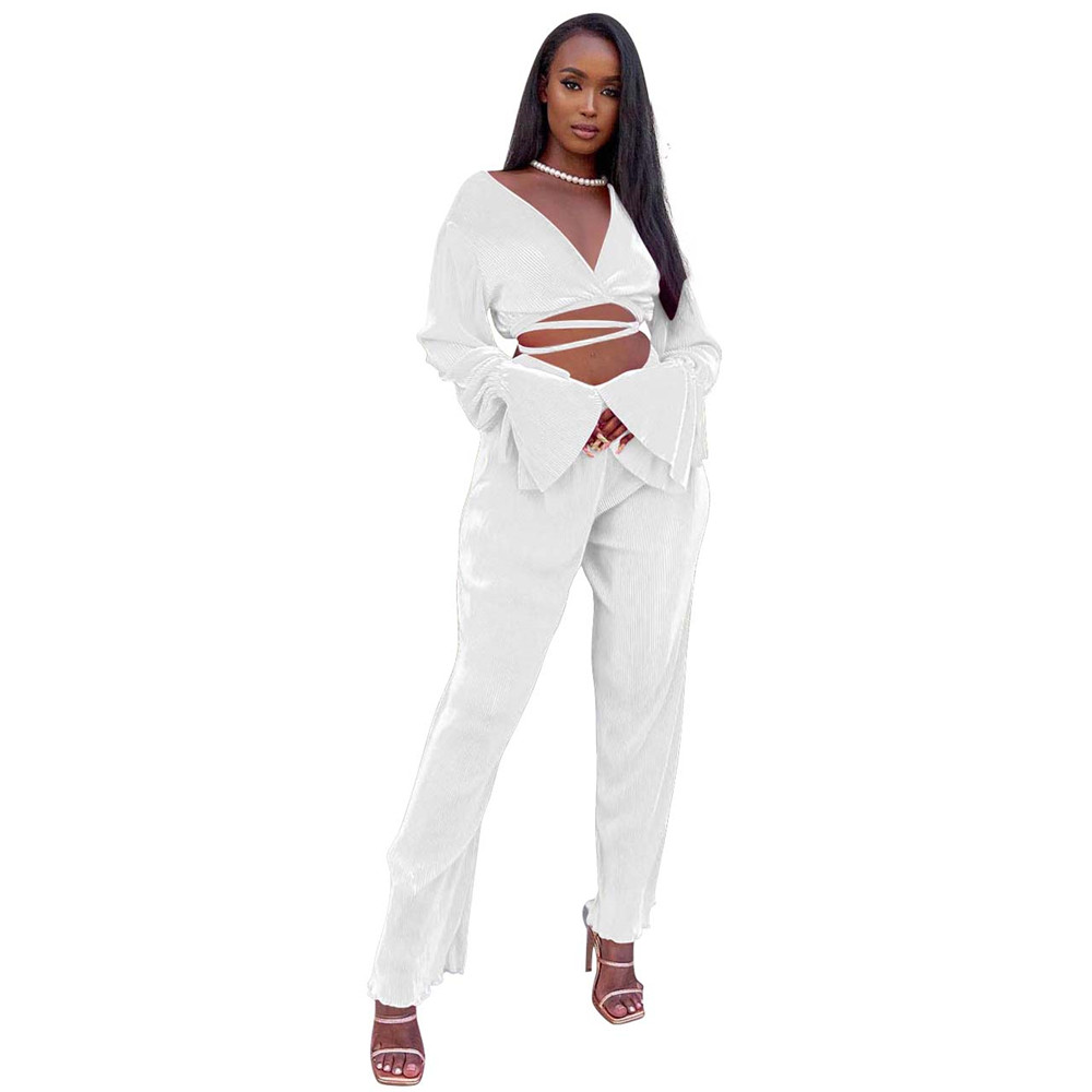 2023 NEW Spring Clothes for Women Tracksuits Two 2 Piece Sets Long Sleeve Vintage Bandage Flared Sleeve Top and Wide Leg Pants Sportswear Solid Outfit