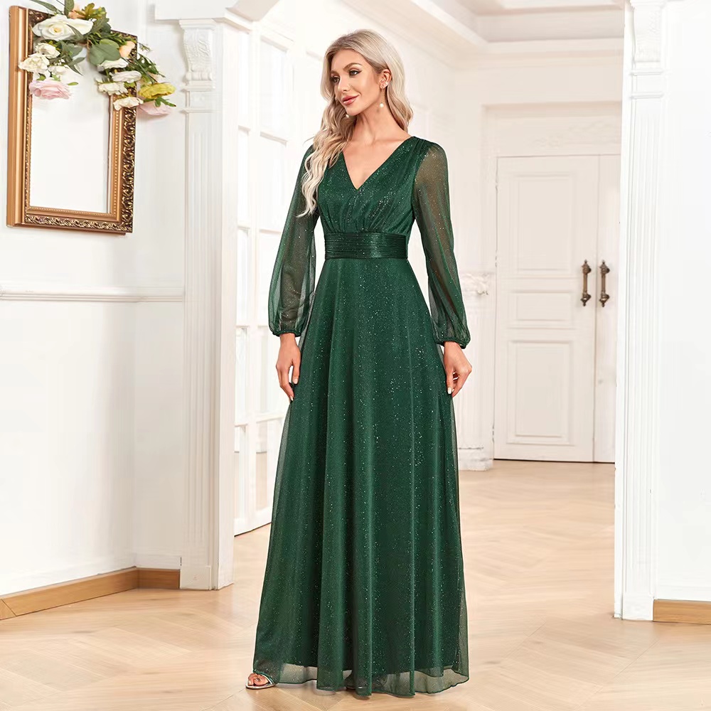 Elegant Green Mother Of The Bride Jewel Neck Long Sleeve Lace Appliques Beaded Sequined Prom Dress Formal Evening Dresses Arabic Dubai Females Robe De
