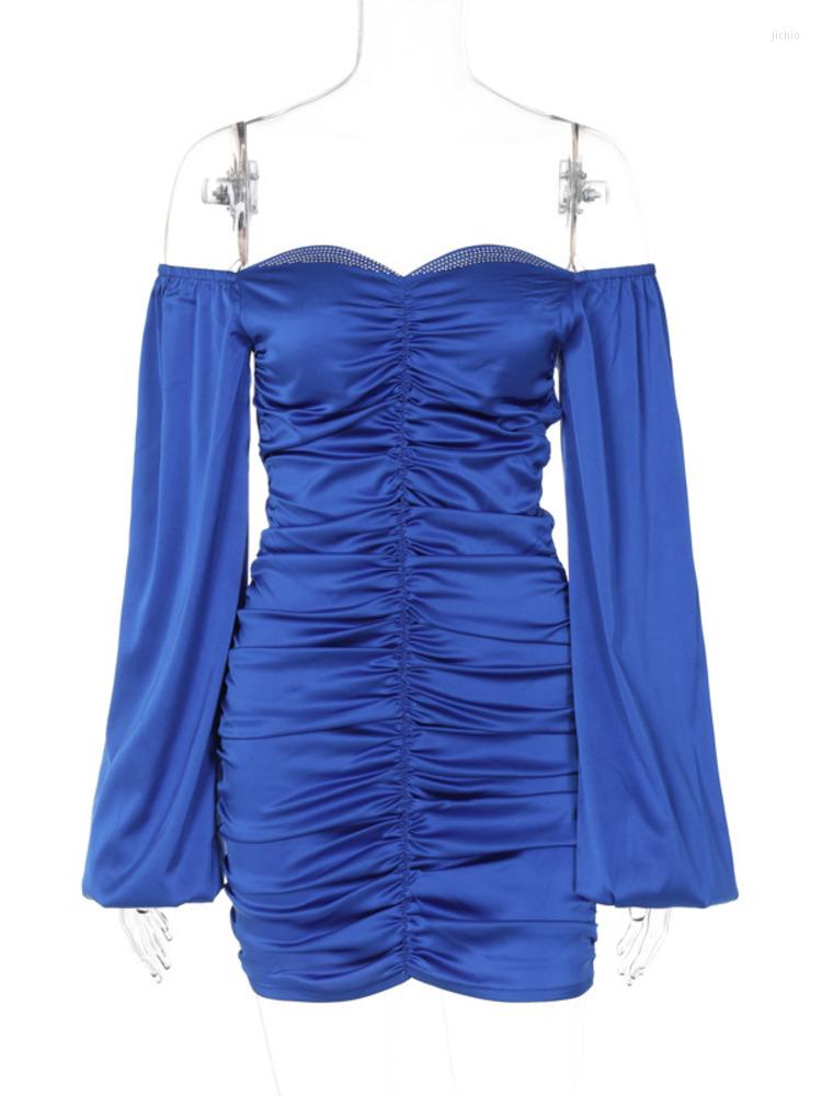 Casual Dresses UKCNSEP Satin Strapless Puff Sleeve Mini Dress For Women 2023 Autumn Off-shoulder Backless Bodycon Ruched Short