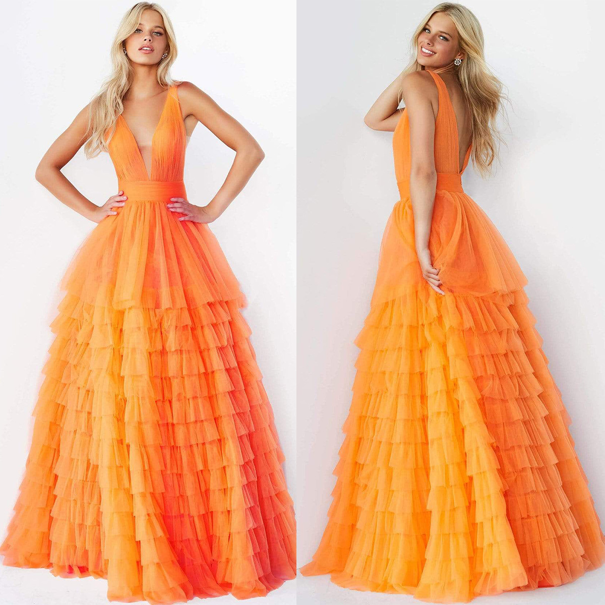 Glamorous Prom Dresses A-line V-neck Sleeveless Solid Color Net Layered Up Pleats Floor Length Backless Zipper Custom Made Evening Dress Plus Size