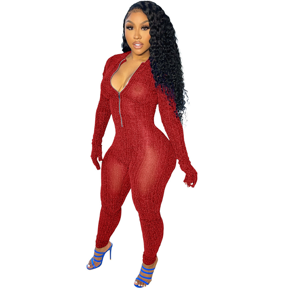 Fall Winter Jumpsuits Women Long Sleeve Bodycon Rompers Solid Zipper Jumpsuits See Through One Piece Outfits Skinny Overalls leggings Casual Streetwea