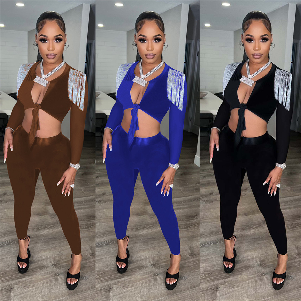 Designer Two Piece Sets Women Tracksuits Spring Autumn Outfits Long Sleeve Bandage Tassels Crop Top and Pants Matching Sets Solid Sportswear Sexy Club