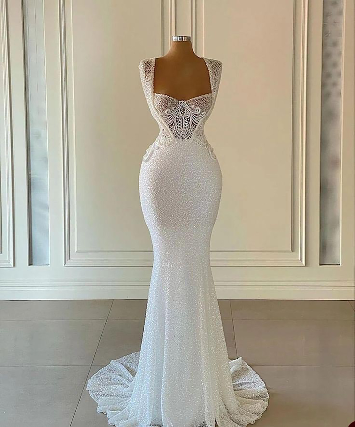 Elegant Mermaid Wedding Dresses Square High Waist Shining Sequined Sleeveless Slim Court Cown Custom Made Plus Size Vestidos De Novia