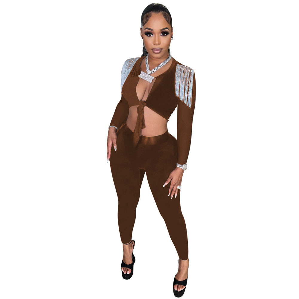Designer Two Piece Sets Women Tracksuits Spring Autumn Outfits Long Sleeve Bandage Tassels Crop Top and Pants Matching Sets Solid Sportswear Sexy Club
