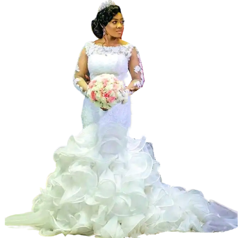 Cascading Ruffles Mermaid Wedding Dresses Long Sleeves Lace Applique African Luxury Bride Formal Gowns Court Train Ivory Vestido De Novia