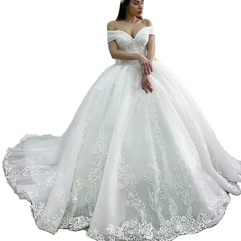 Luxury Beaded Princess Wedding Dress Long Train 2023 Lace Appliques Lace-up Ball Gown Elegant Woment Bridal Dresses Custom Vestido de Noiva Off Should
