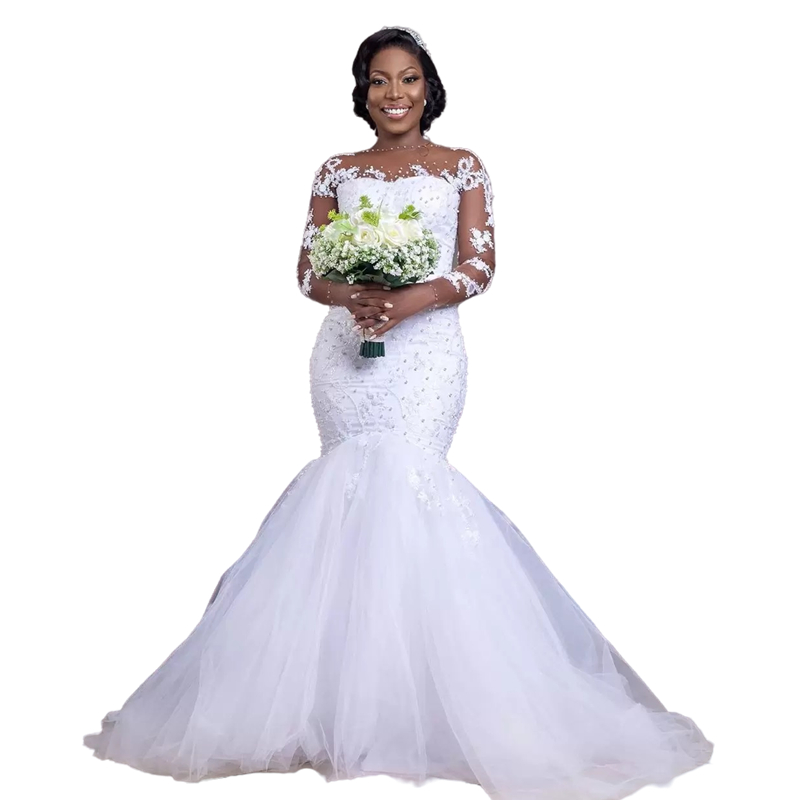 Luxury African Nigeria Mermaid Wedding Dresses Pearls Beaded Long Sleeves Bride Formal Gowns Modern Ivory Plus Size Bridal Dress 2023 Vestido De Novia