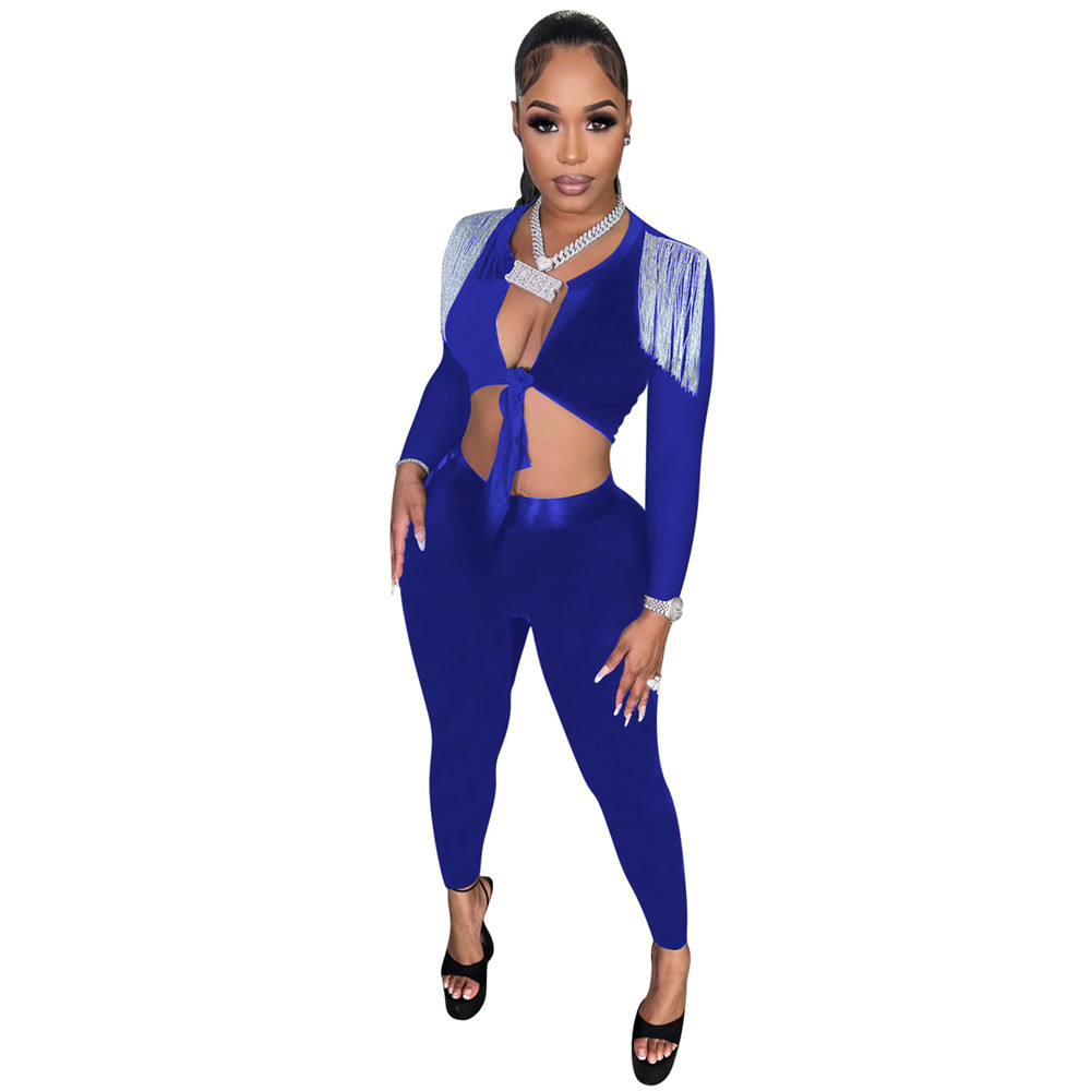 Designer Two Piece Sets Women Tracksuits Spring Autumn Outfits Long Sleeve Bandage Tassels Crop Top and Pants Matching Sets Solid Sportswear Sexy Club