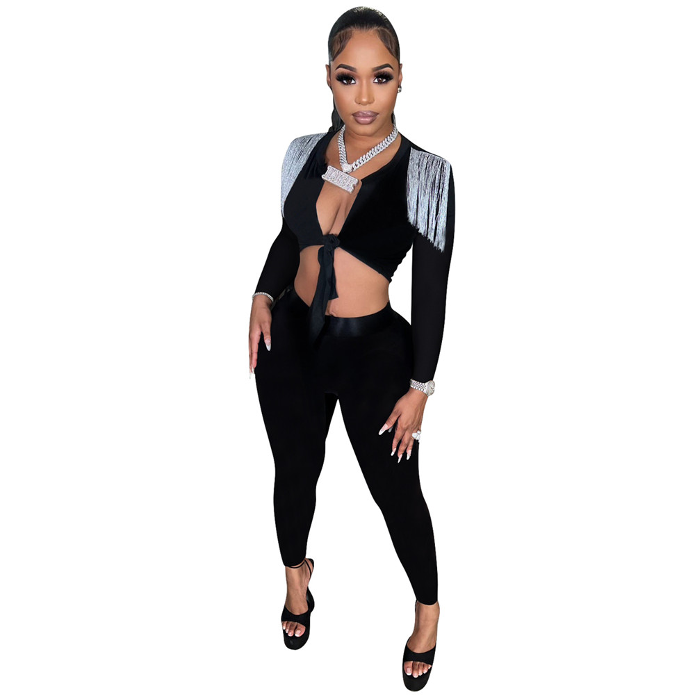 Designer Two Piece Sets Women Tracksuits Spring Autumn Outfits Long Sleeve Bandage Tassels Crop Top and Pants Matching Sets Solid Sportswear Sexy Club