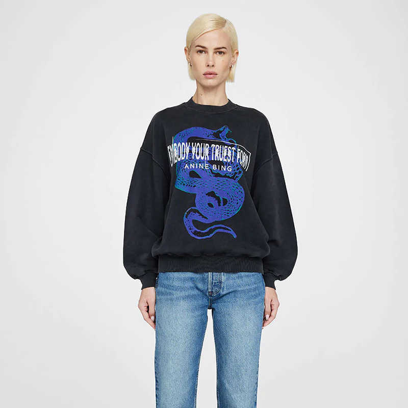 2023 Anine Bing Niche Women Designer Sweatshirt Blue Snake Letter Print Washing Water Stir-frying Sweater Snowflake Color Round Neck, Dark gray
2023 Anine Bing Niche Women Designer Sweatshirt Blue Snake Letter Print Washing Water Stir-frying Sweater Snowflake Color Round Neck, Dark gray
